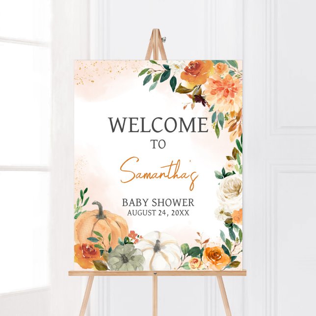 Póster Bienvenida a la Calabaza Floral de otoño del naran (Autumn Floral Pumpkin Baby Shower Welcome Sign)