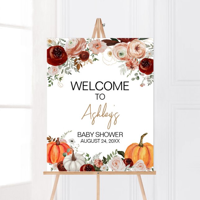 Póster Bienvenida a la Calabaza Floral Fall Marsala Burgu (Fall Floral Pumpkin Baby Shower Welcome Sign)