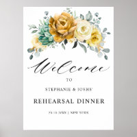 Bienvenida a la cena de ensayos con flores amarill