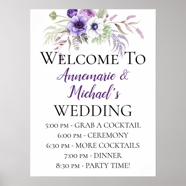 Póster Bienvenida a la ceremonia de Boda Purple Floral (Frente)