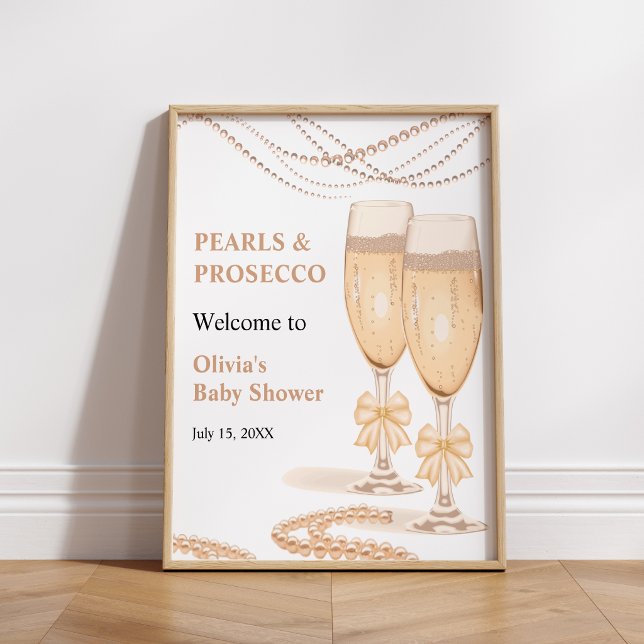 Póster Bienvenida a la Despedida de Soltera con Perlas y  (Gold Bow Pearls and Prosecco Bridal Shower Welcome Sign )