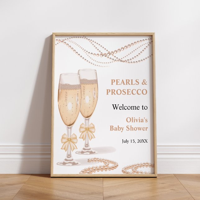 Póster Bienvenida a la Despedida de Soltera con Perlas y  (Gold Bow Pearls and Prosecco Bridal Shower Welcome Sign )