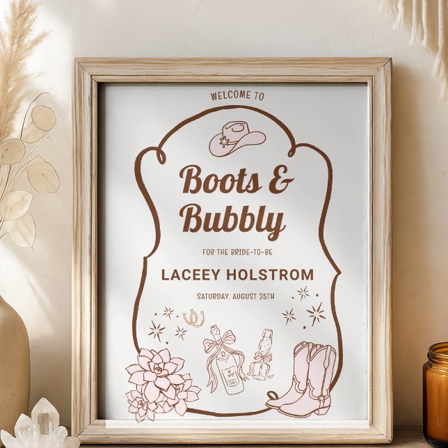 Póster Bienvenida a la Despedida de Soltera de Botas y Bu (Boots And Bubbly Cowgirl Bridal Shower Welcome Poster)
