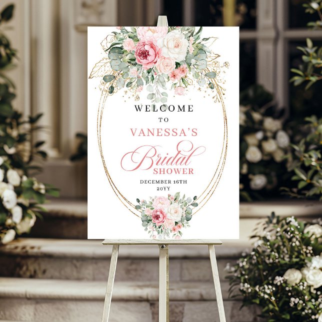 Póster Bienvenida a la despedida de soltera Rústica Rosa  (Rustic Blush and Gold Bridal Shower Welcome)