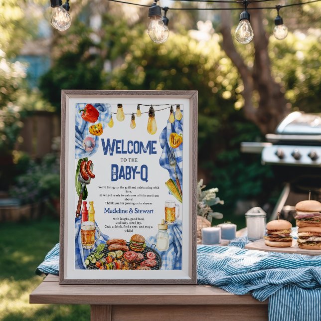Póster Bienvenida a la ducha Baby-Q BBQ Summer Blue Plaid (Rustic BBQ Summer Blue Plaid Baby-Q Shower Welcome Poster)