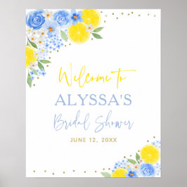 Póster Bienvenida a la ducha Blue Floral Lemon Bridal Bri