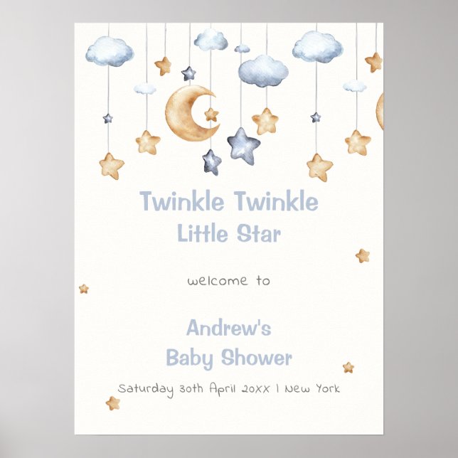 Póster Bienvenida a la ducha de bebé Azul Elegante Twinkl (Frente)