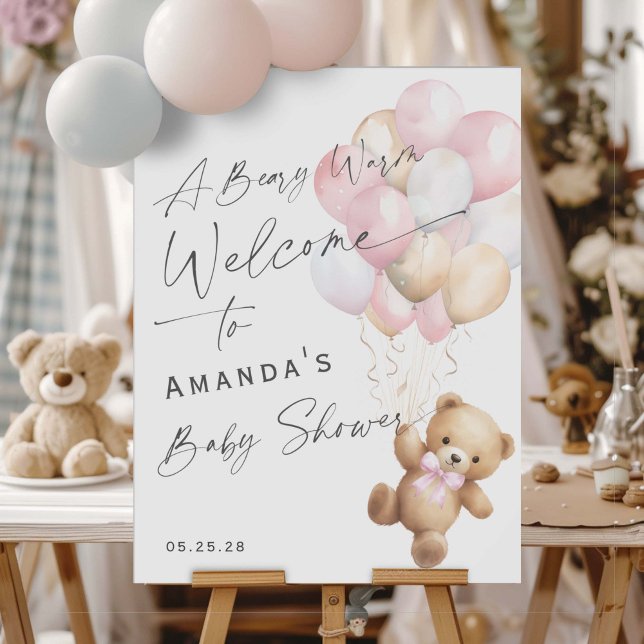 Póster Bienvenida a la ducha de bebé, bebé, bebé, bebé, e (Pink baby Girl Shower We can bearly wait- welcome sign.)