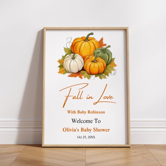 Póster Bienvenida a la ducha de bebé de calabaza Enamorar (Fall in Love Autumn Pumpkin Baby Shower Welcome Sign   )