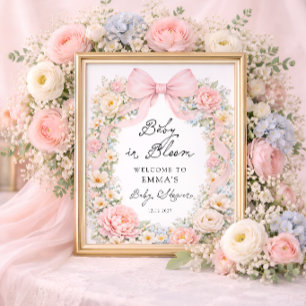 Póster Bienvenida a la ducha de bebé floral con lazo rosa