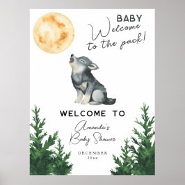 Póster Bienvenida a la ducha de bebé Lobo acuarela