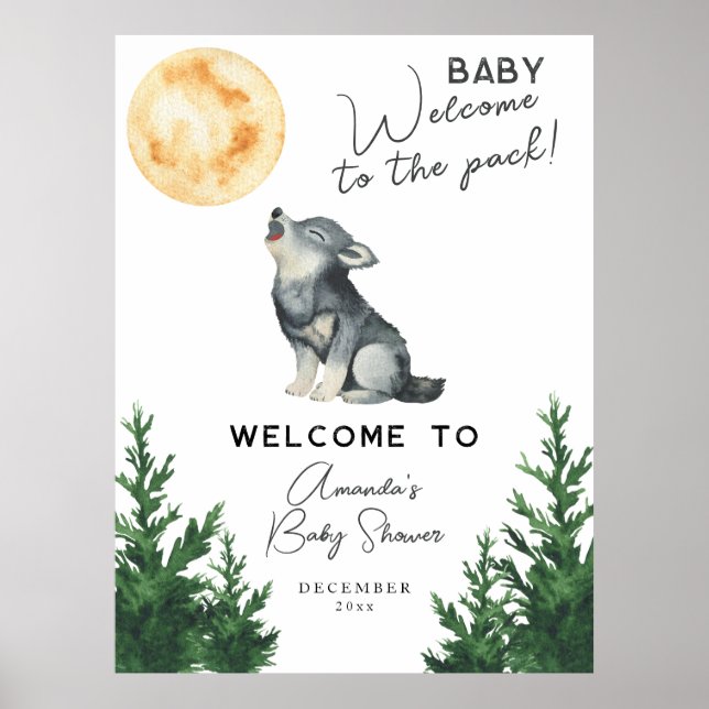 Póster Bienvenida a la ducha de bebé Lobo acuarela (Frente)