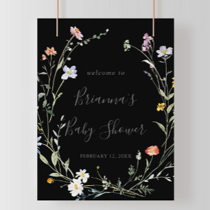 Póster Bienvenida a la ducha de bebé negro con flores sil