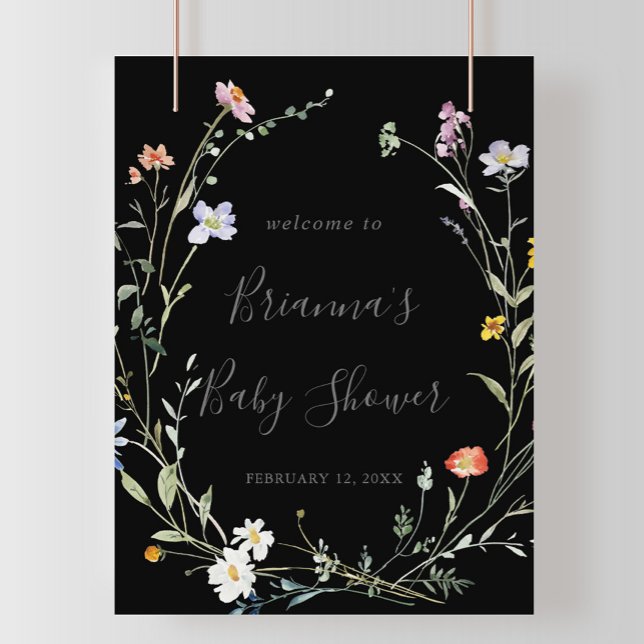 Póster Bienvenida a la ducha de bebé negro con flores sil (Subido por el creador)