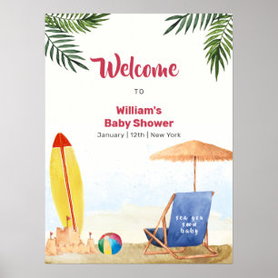 Póster Bienvenida a la ducha de bebé Surfboard Mar Playa