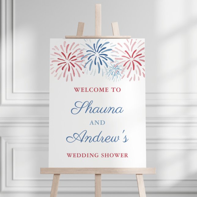 Póster Bienvenida a la ducha de boda de parejas del 4 de  (Red White and Blue firework bursts Independence Day Holiday Weekend Wedding Shower Welcome Sign)