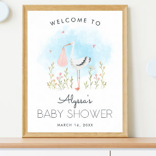 Póster Bienvenida a la ducha de la bebé Cigüeña Linda