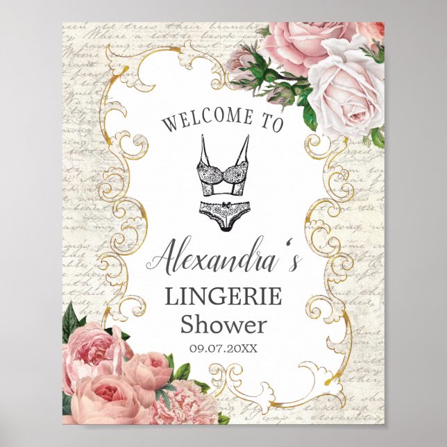 Póster Bienvenida a la ducha de lencería de rosas romanas (Frente)