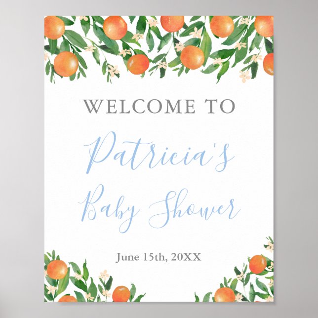 Póster Bienvenida a la ducha de naranjas para bebé niño d (Frente)