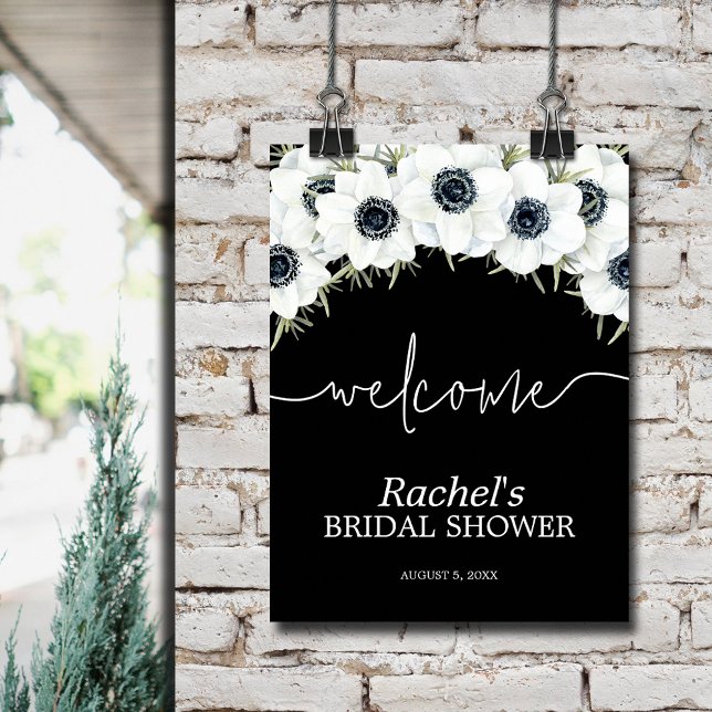 Póster Bienvenida a la ducha de novia acuarela floral (Watercolor black and white floral bridal shower welcome poster)