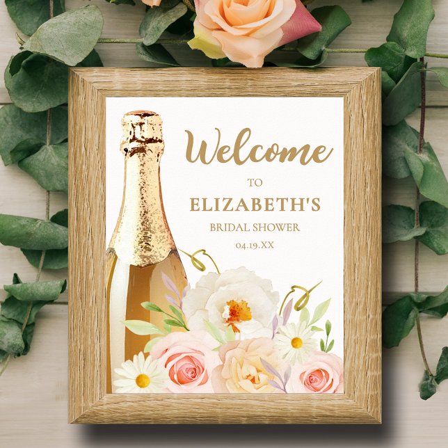 Póster Bienvenida a la ducha de novia acuarela floral (Brunch and Bubbly garden flowers bridal shower welcome tabletop poster,  INSTANT DOWNLOAD or PRINTED)