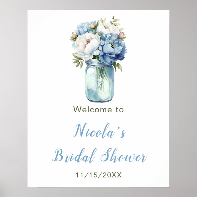 Póster Bienvenida a la ducha de novia Blue Peonies Mason  (Frente)