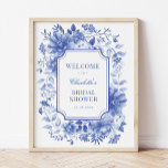 Póster Bienvenida a la ducha de novia Blue White Peony Ch<br><div class="desc">Este diseño de inspiración chinoiserie presenta elegantes flores botánicas y vegetación en tonos azules y blancos. Personalice el signo con sus detalles y si desea reorganizar el estilo y la ubicación del texto,  pulse el botón "Haga clic en el personalizar más adelante".</div>