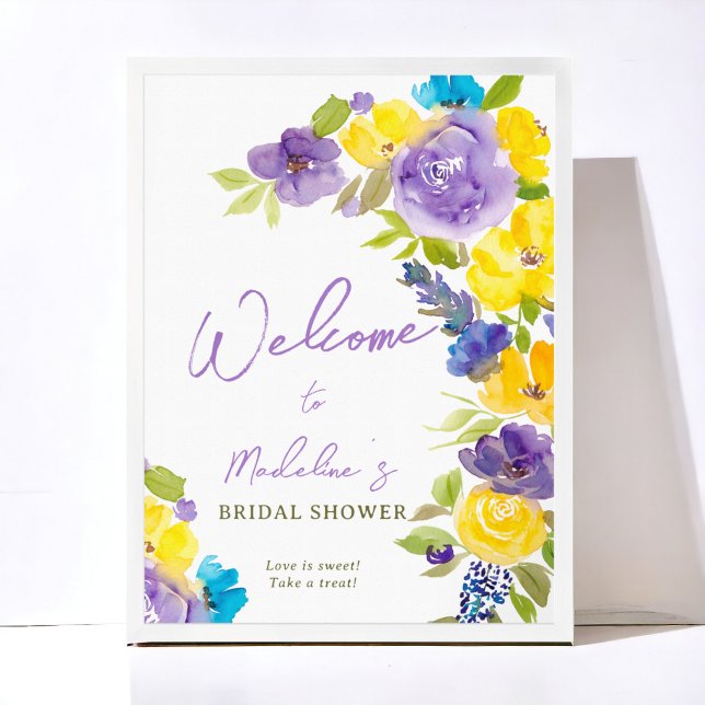 Póster Bienvenida a la ducha de novia con flores de lavan (Boho yellow lavender floral bridal shower welcome poster)