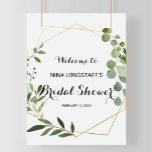Póster Bienvenida a la ducha de novia con hojas verdes tr<br><div class="desc">Este poster de bienvenida con ducha tropical verde deja a la novia es perfecto para una ducha nupcial de destino. El diseño está decorado con hermosas hojas verdes pintadas a mano,  adornando un marco geométrico dorado.</div>