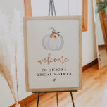 Póster Bienvenida a la ducha de novia de la piel de calab<br><div class="desc">Este cartel de bienvenida a la ducha de novia incluye una calabaza de color blanco con toques florales de color naranja de chaqueta y un diseño minimalista moderno. Edite la mayoría de las palabras para satisfacer las necesidades de su evento. Este poster de ducha para bebés es perfecto para su...</div>