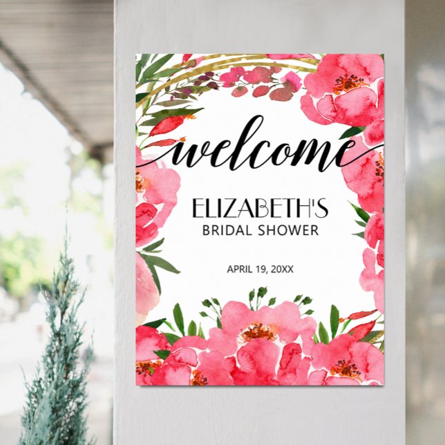Póster Bienvenida a la ducha de novia de los peones rosad (Pink Peony Flowers Bridal Shower Welcome Poster, PRINTED or INSTANT DOWNLOAD)