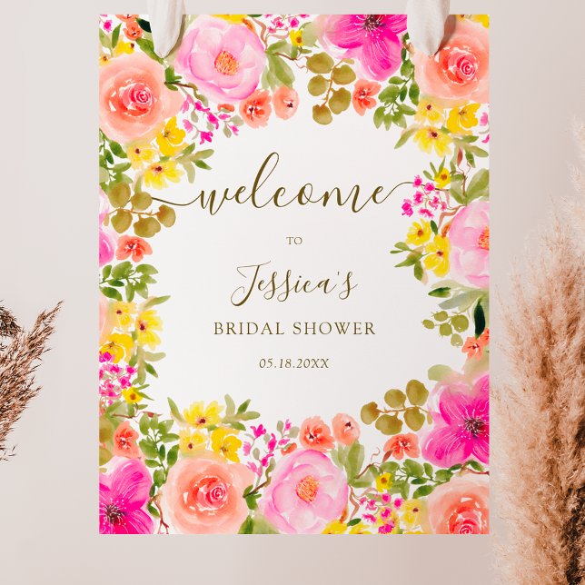 Póster Bienvenida a la ducha de novia en el jardín de flo (Boho wild flowers garden bridal shower welcome poster)