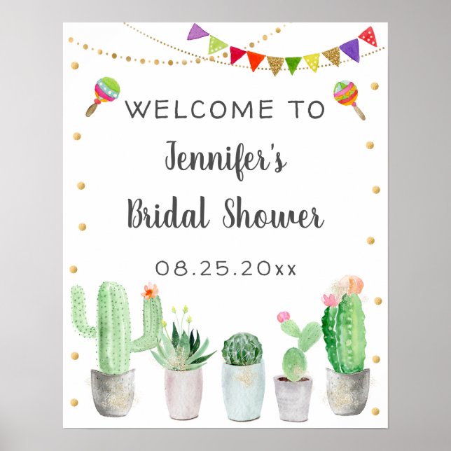 Póster Bienvenida a la ducha de novia Fiesta Cactus (Frente)