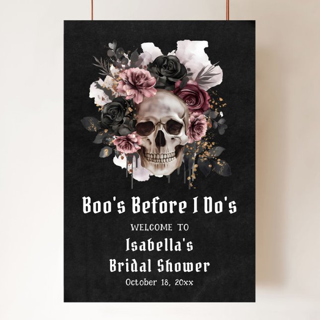 Póster Bienvenida a la ducha de novia floral Black Hallow (Boo's Before I Do's Skull Bridal Shower Welcome Sign
)