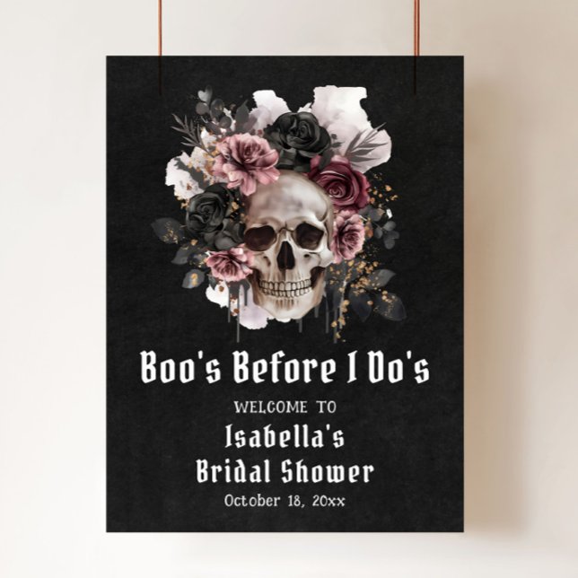 Póster Bienvenida a la ducha de novia floral Black Hallow (Boo's Before I Do's Skull Bridal Shower Welcome Sign)