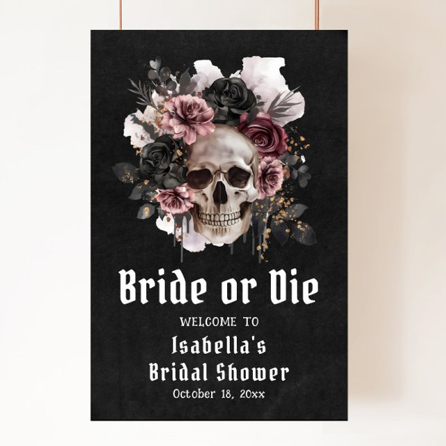 Póster Bienvenida a la ducha de novia floral Black Hallow (Black Halloween Floral Skull Bridal Shower Welcome Poster)