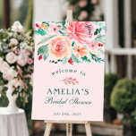 Póster Bienvenida a la ducha de novia floral color verde<br><div class="desc">Poster de bienvenida con ducha de novia floral color verde rosa</div>