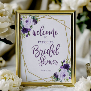 Póster Bienvenida a la Ducha de Novia Floral Dorada Púrpu
