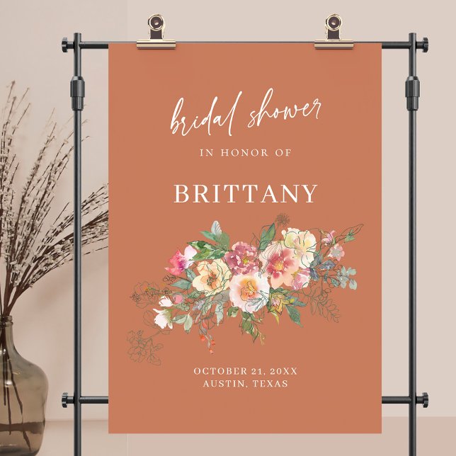 Póster Bienvenida a la ducha de novia floral rústica (Rustic Floral Watercolor Bridal Shower Welcome Poster)