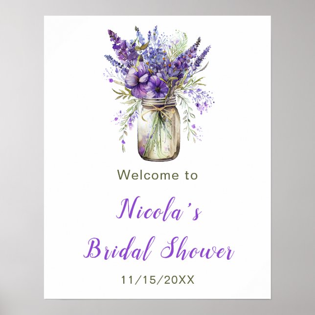 Póster Bienvenida a la ducha de novia Lavender Mason Jar (Frente)