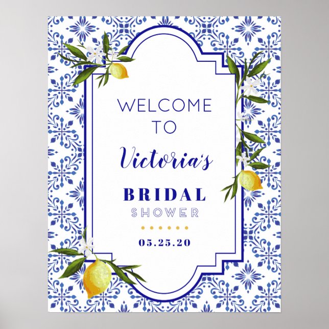 Póster Bienvenida a la ducha de novia Navy Blue & Lemon (Frente)