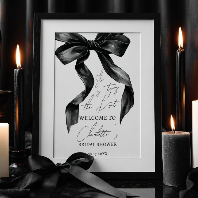 Póster Bienvenida a la ducha de novias con amarre negro d (Chic Black Bow Tying Knot Bridal Shower Welcome Poster)