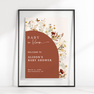 Póster Bienvenida a la ducha de terracota de flores silve