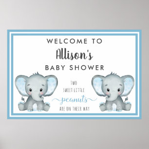 Póster Bienvenida a la ducha del bebé niño elefante gemel