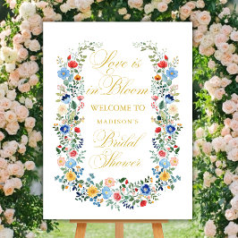 Póster Bienvenida a la ducha Golden Bridal con flores sil