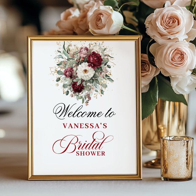 Póster Bienvenida a la ducha nupcial Botánico Rubor Borgo (Botanical Blush Burgundy Bridal Shower Welcome)