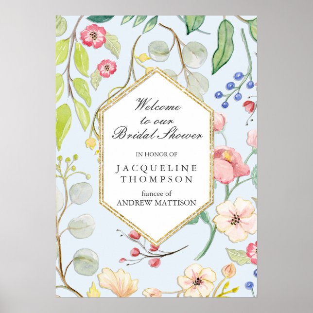 Póster Bienvenida a la Ducha Nupcial con Hojas y Flores A (Frente)