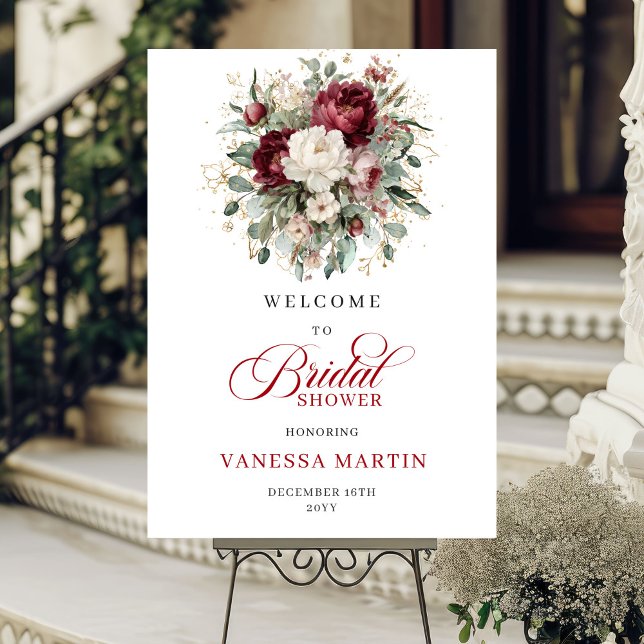 Póster Bienvenida a la Ducha Nupcial de Rojo Profundo Flo (Deep Red Floral Bridal Shower Welcome)