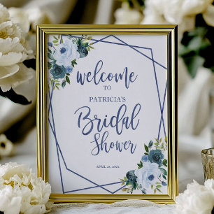 Póster Bienvenida a la ducha nupcial floral acuarela azul
