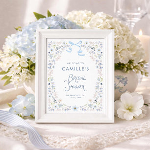 Póster Bienvenida a la Ducha Nupcial Floral Azul Jardín